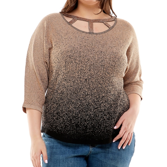 Adrienne Vittadini Three Quarter Sleeve Sweater With Cage Neck and Rhinestones - Picture 4 of 11